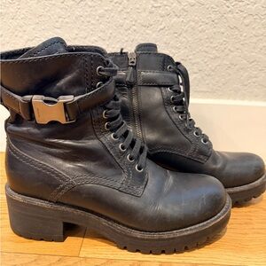 Women's PRADA Black Lace-Up 36.5 Leather Boots with Buckle